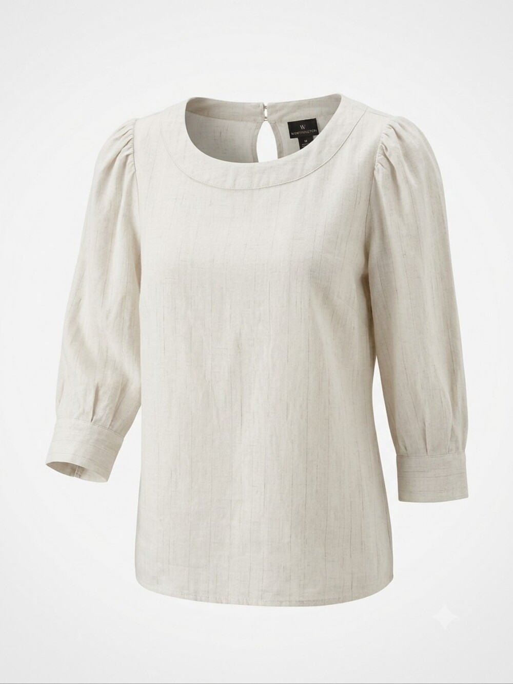 Worthington Beige Linen Blend Puff Sleeve Blouse Medium